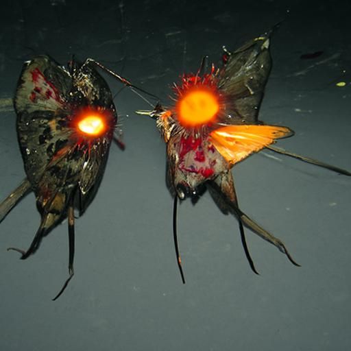 Bloodied moths with angry faces worshiping a glowing orb