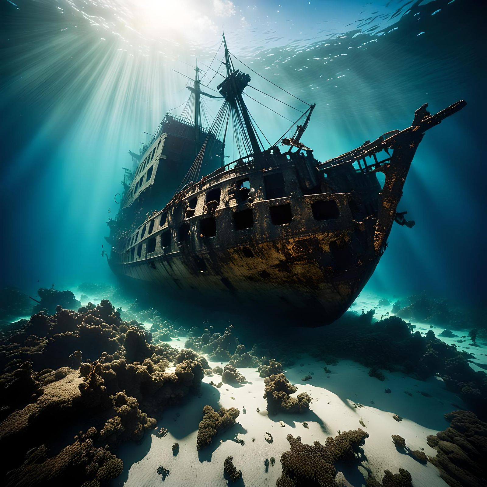 A shipwreck lying destroyed on ground of the ocean. Diver's ...