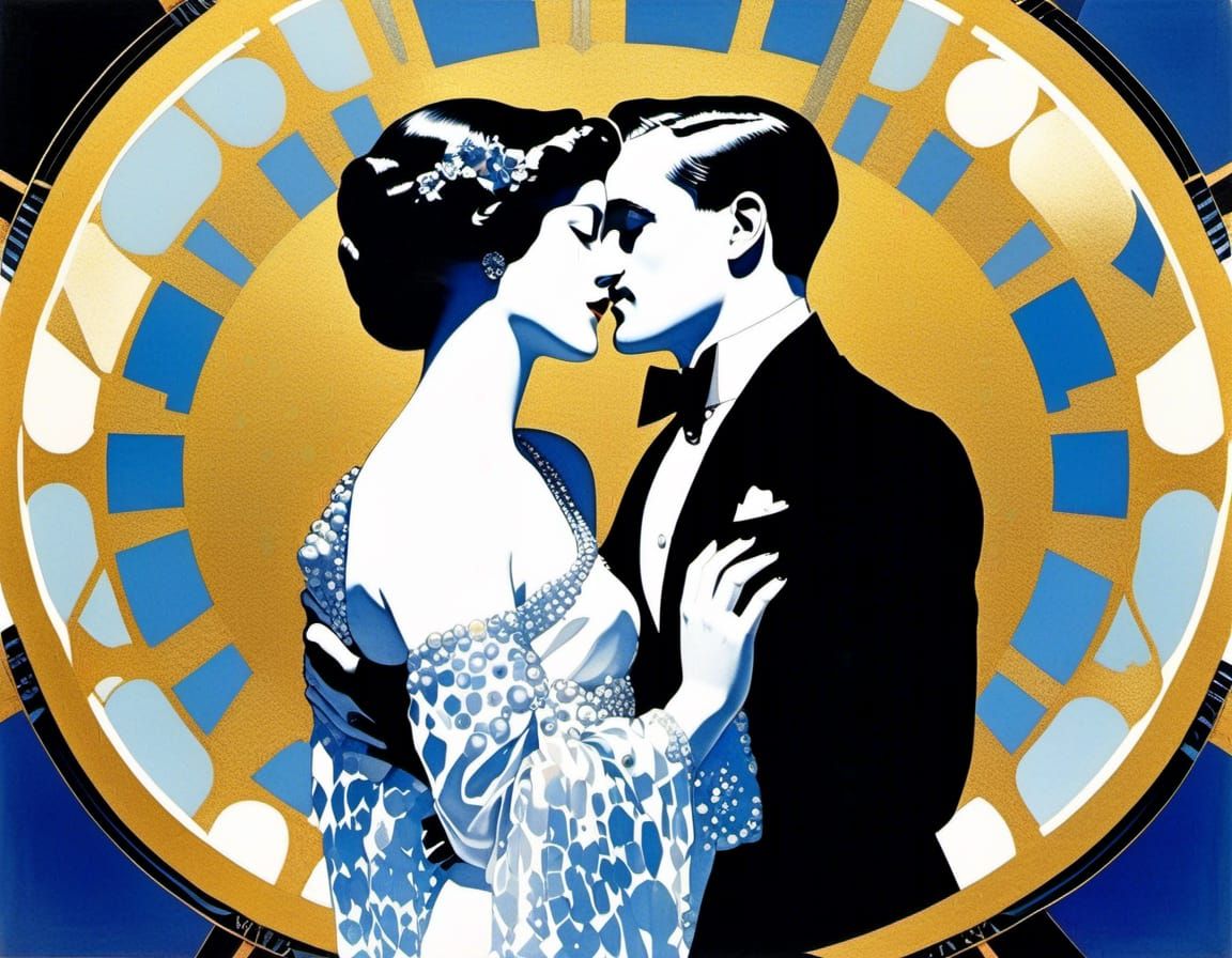 Maxfield Parrish cool blue colors Black and white iridescent sparkling collage scrapbook drawing J. C. Leyendecker Bohemian couple cinematic...