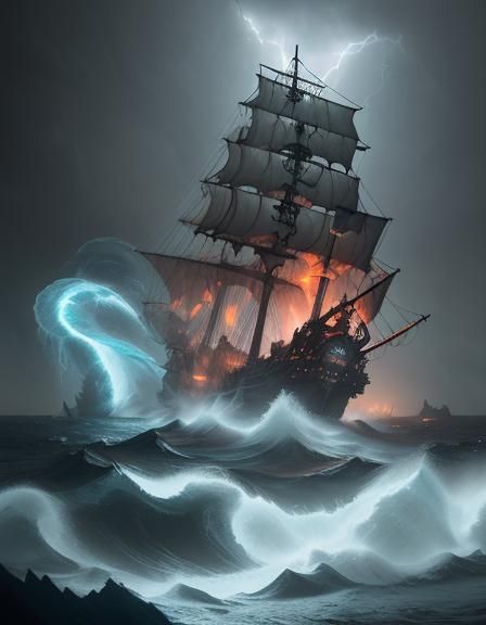 Highly Detailed Ghostly Pirate Ship, Raging Ocean, Lightning...