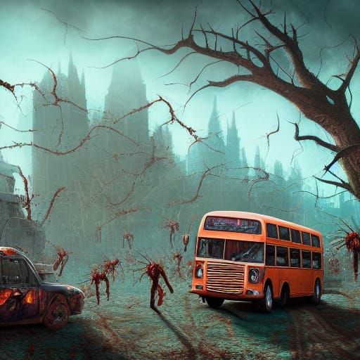 zombies attacking a bus detailed matte painting, deep color,...