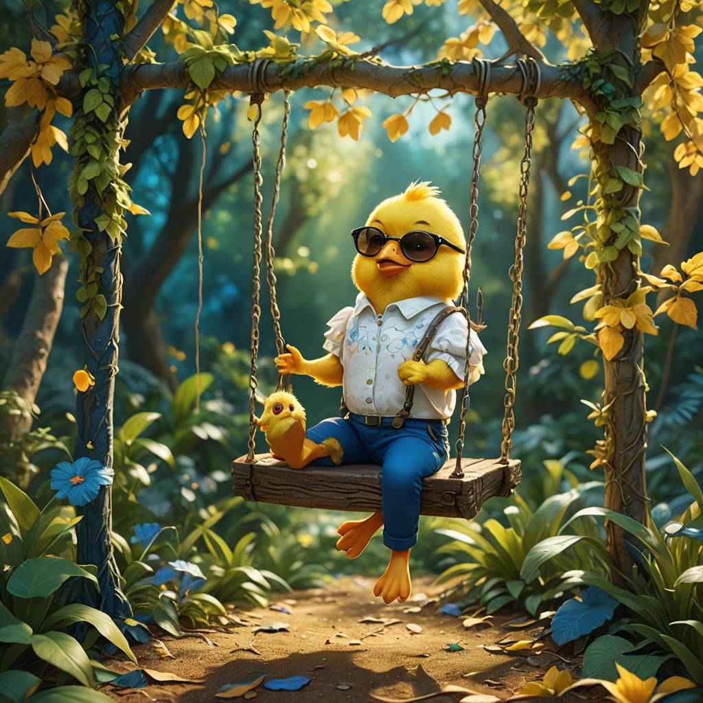 Yellow Chick on Swing in Whimsical Fantasy Art
