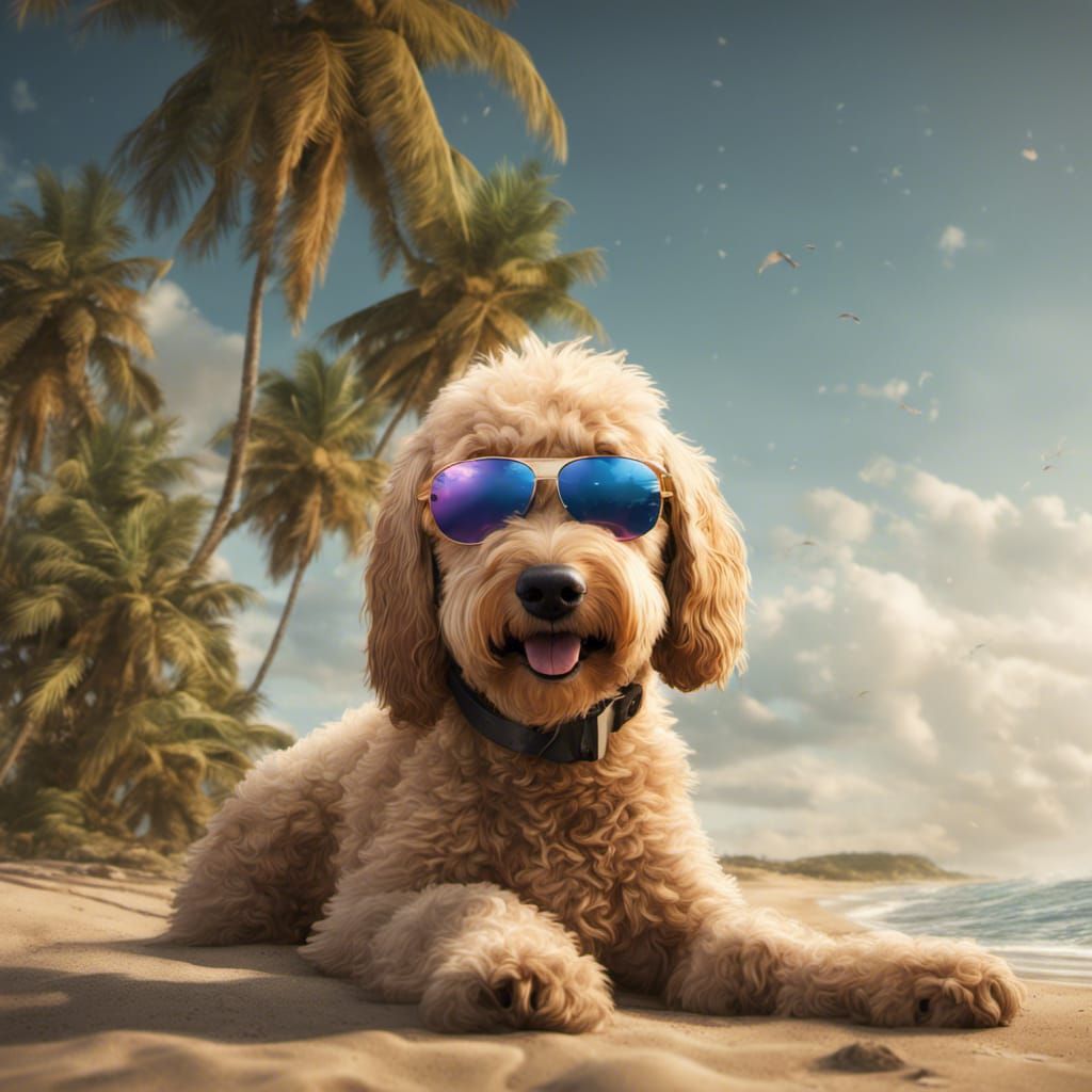 Goldendoodle with sunglasses chilling on a beach with palm tree's - AI ...