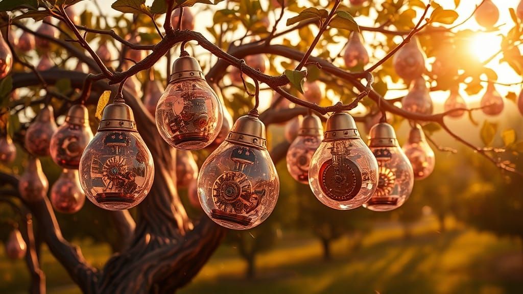 In a magnificent, sun-drenched orchard, a majestic mechanica...