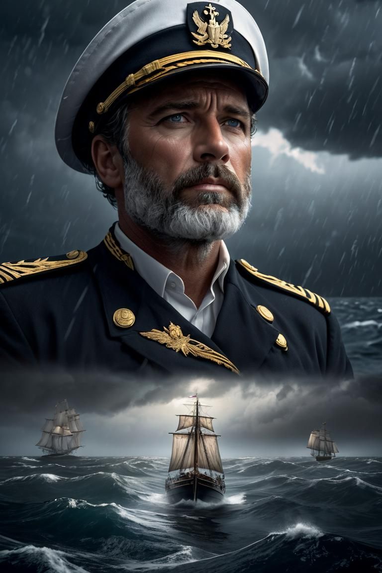 Captain at sea in the storm and his sailors are lost.