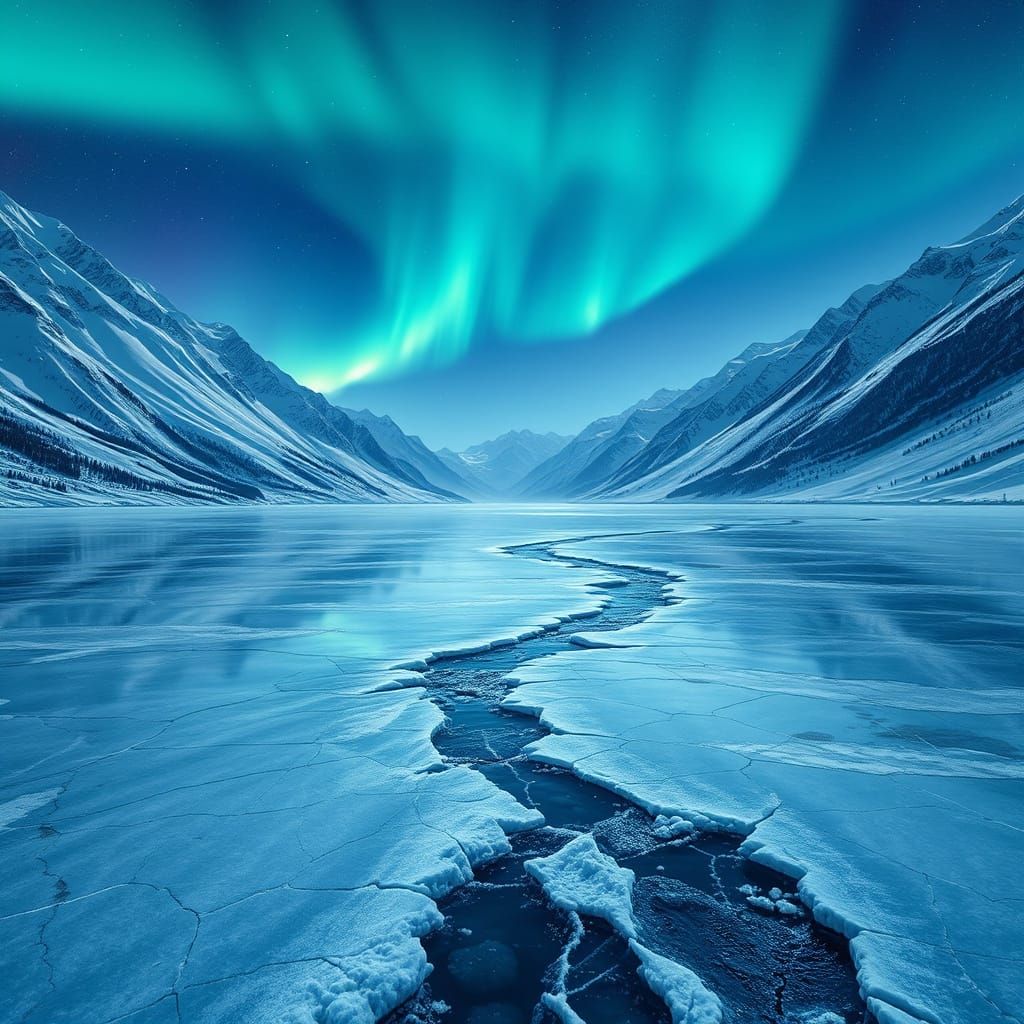 Aurora Borealis Over Frozen River in Fantasy Landscape