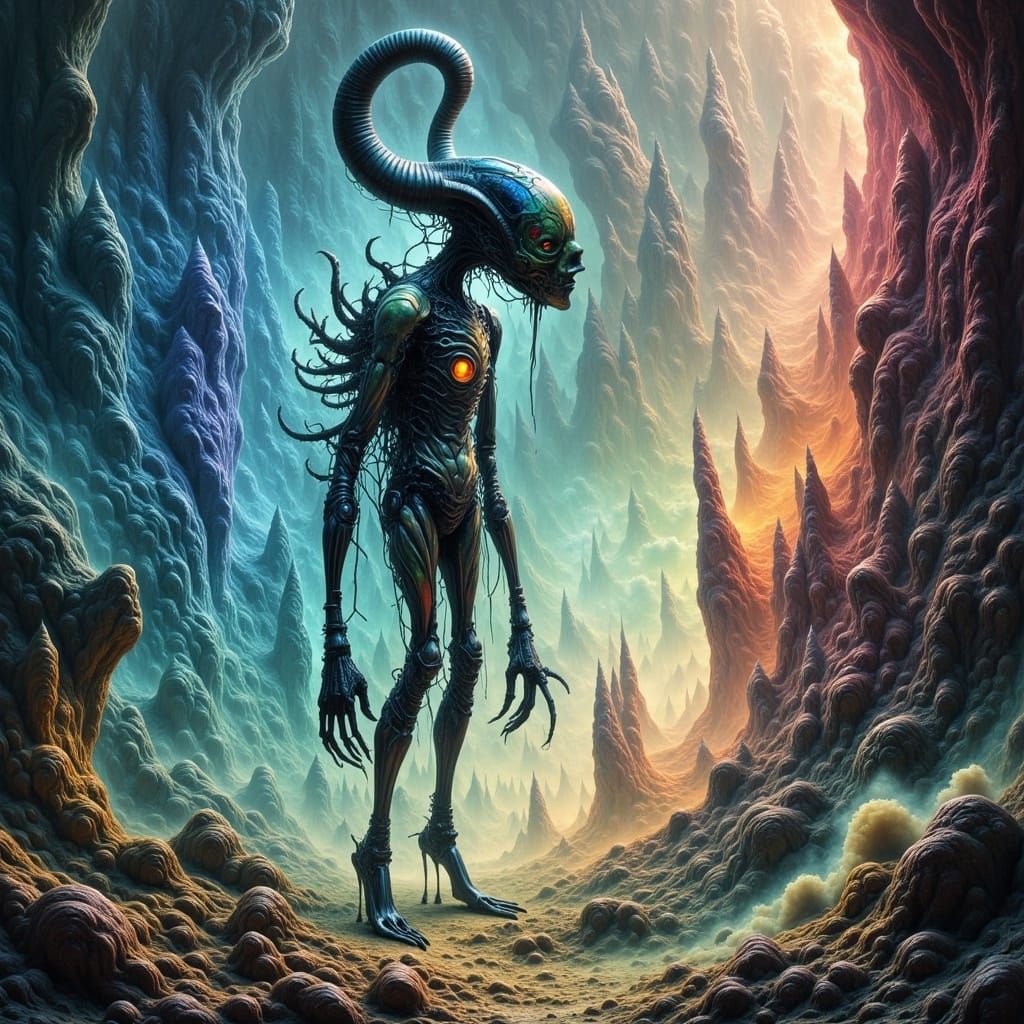 <lora:Abstract Reality:1.0> an alien landscape, a strange cr...