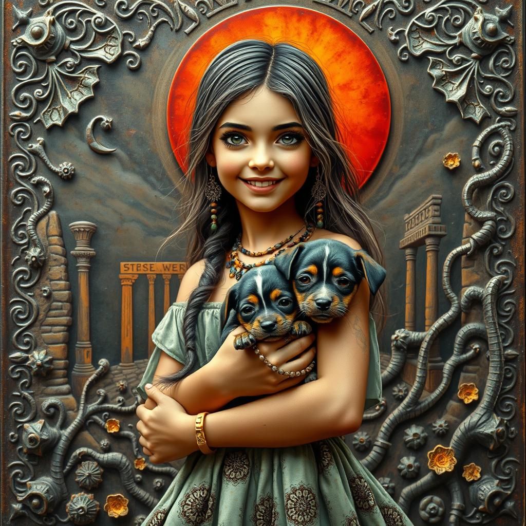 metal etching, textured, patina, Full shot nice girlwith a p...