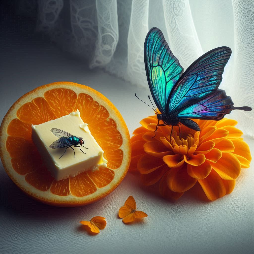 Still life with orange flower and butterflies