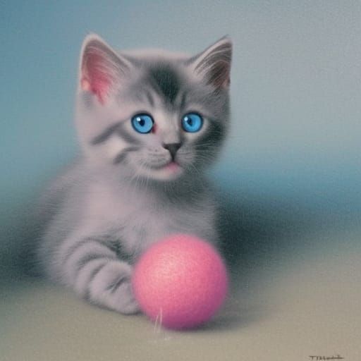 Grey Kitten blue eyes playing with pink yarn ball
