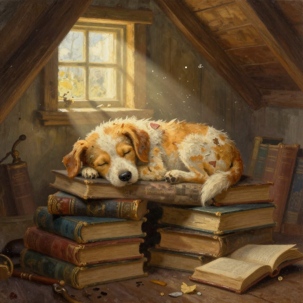 A vintage-style illustration of a whimsical dog napping on a pile of antique books in a dusty attic. ...  by @MrKitWalker