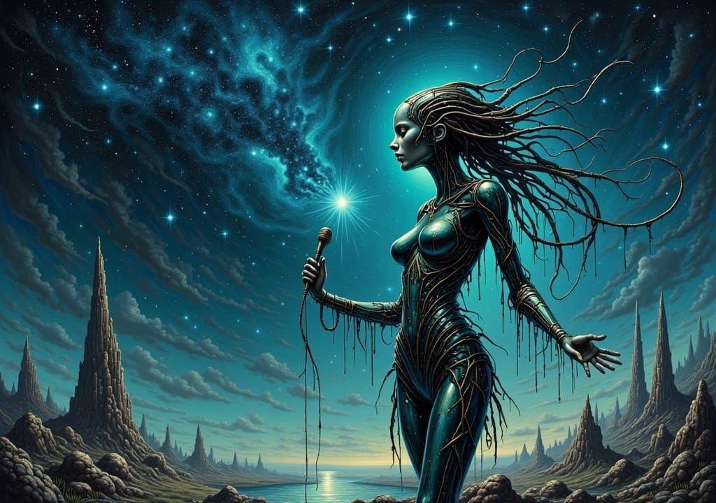 an Android woman singing a song in a alien world 