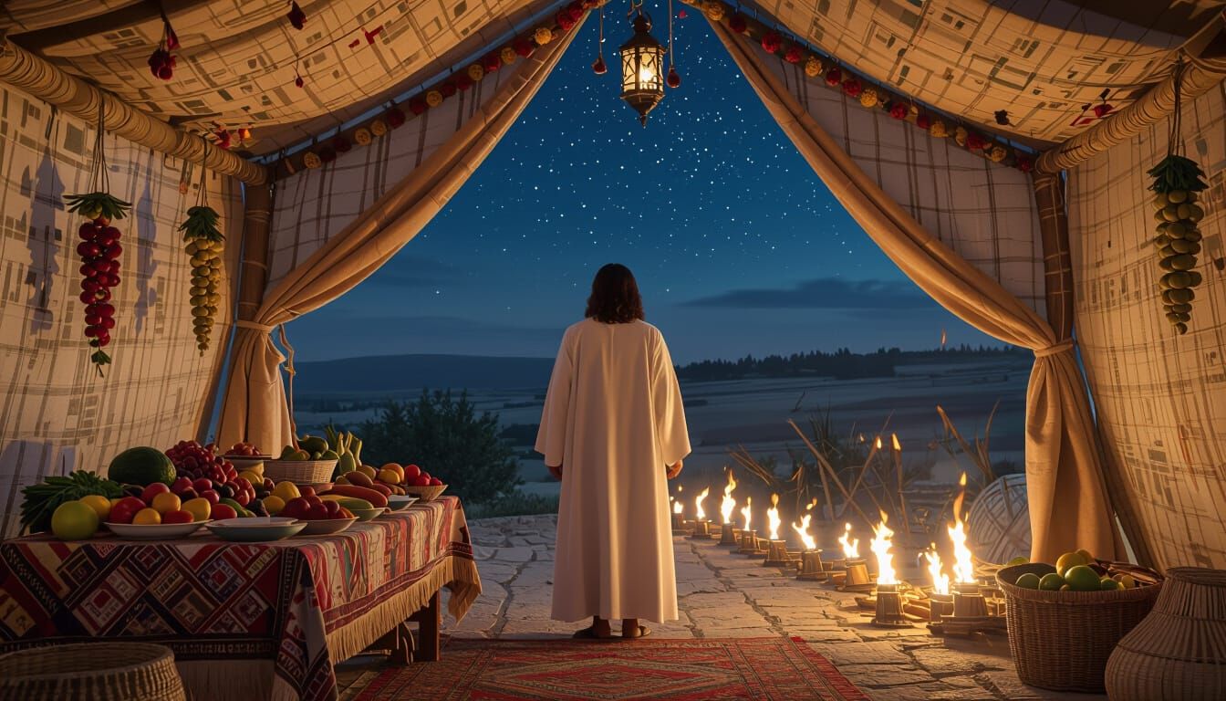 Cinematic (BUT NOT dark), ultra hyper realism, ultra hyper detailed, and NO PAINTERLY STYLE. 16x9 sizing. Image should convey Yeshua in Sukk...