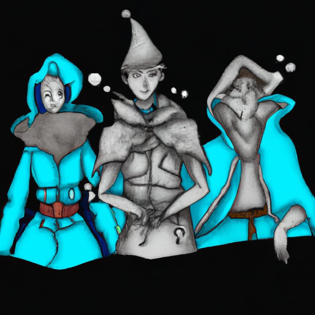 A Drawing Art of 3 people, an Ice Mage with a Hat and blue s...