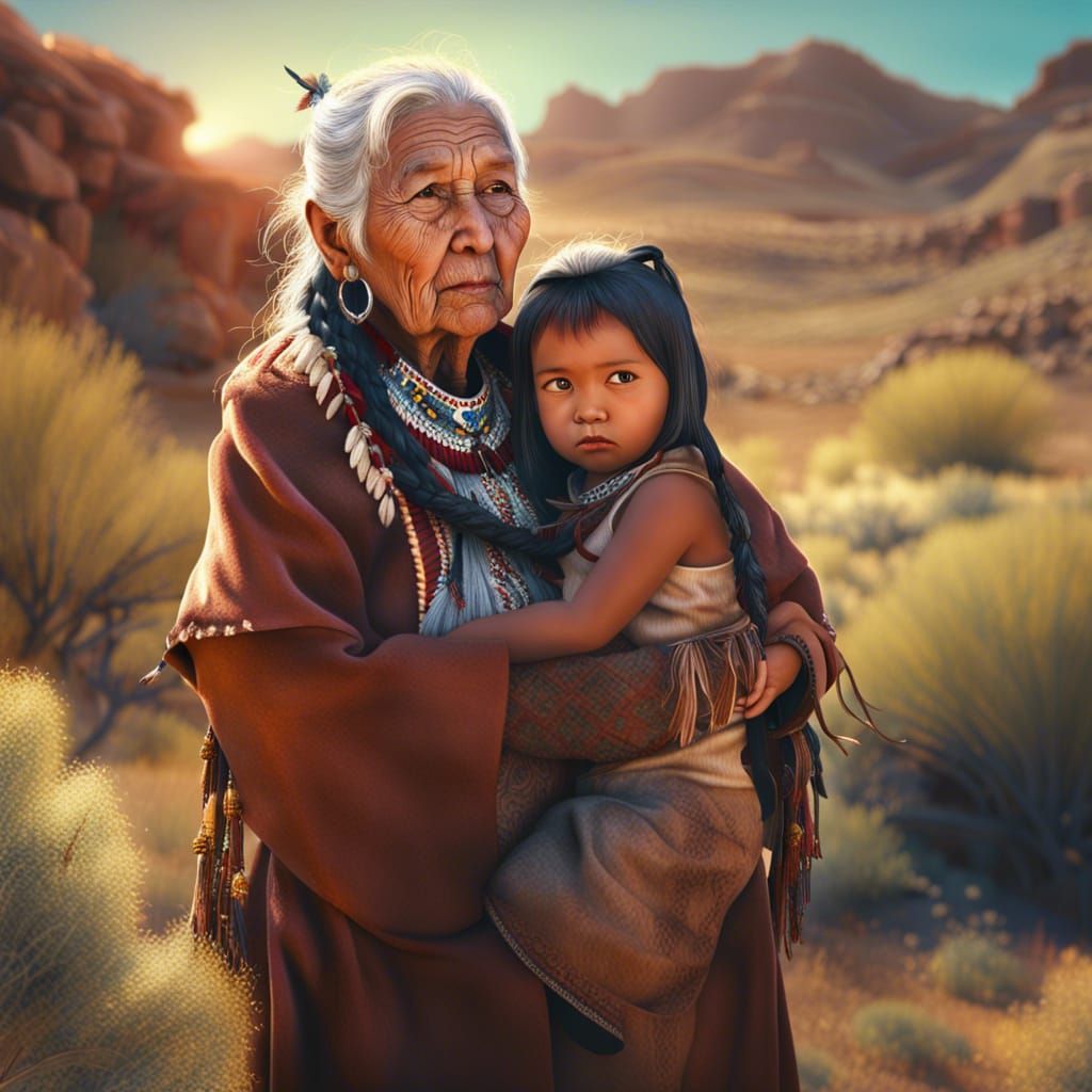 Native American Yaqui grandma holding her granddaughter in the