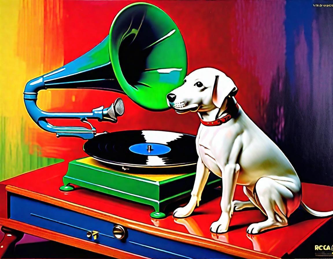RCA "His Master's Voice" Victrola with Nipper Listening AI Generated