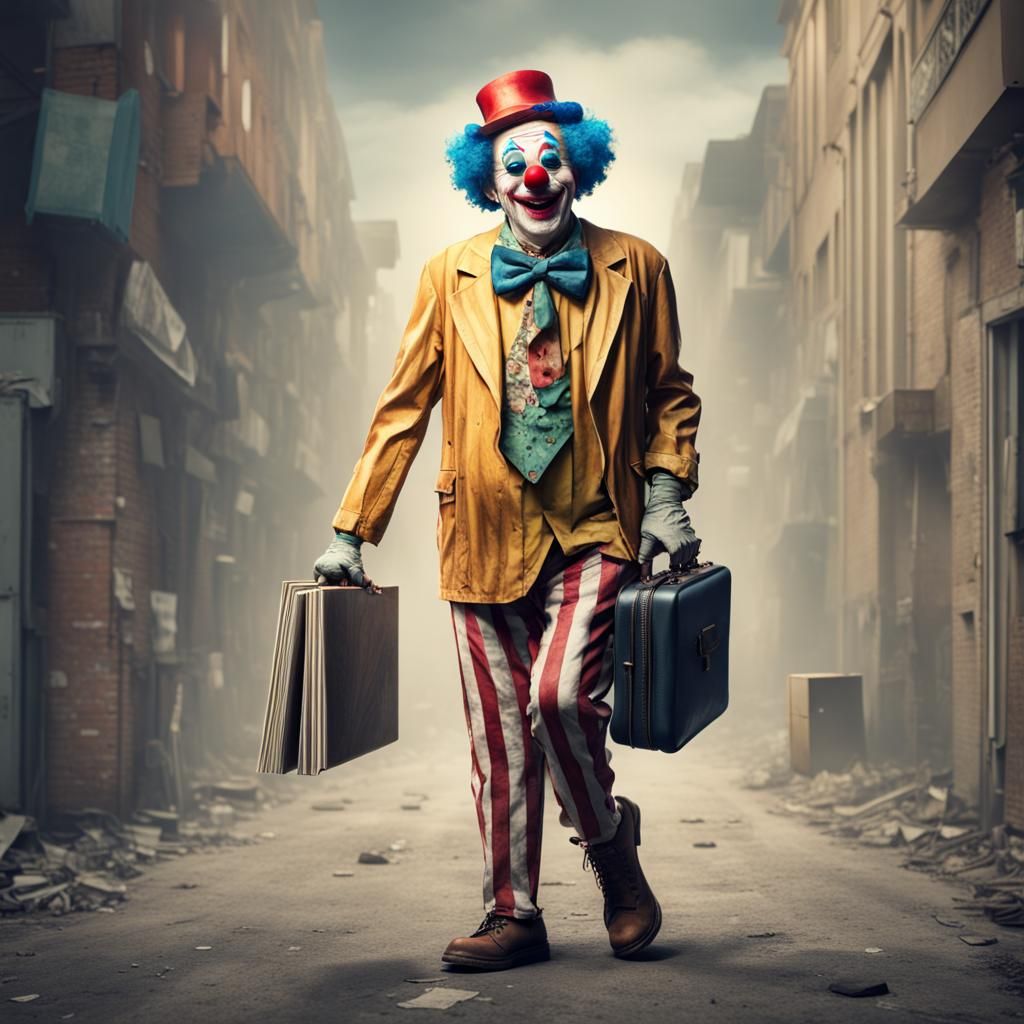 An old drunk clown ,pants around his ankles , carrying a briefcase full ...