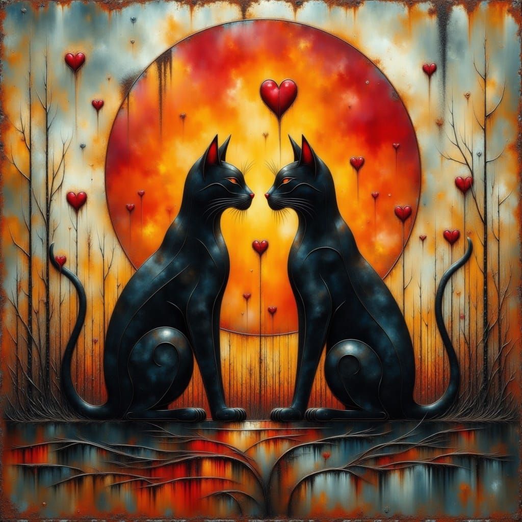 The image features two black cats sitting on a surface, facing each other with their noses touching. Their tails curve gracefully, and their...