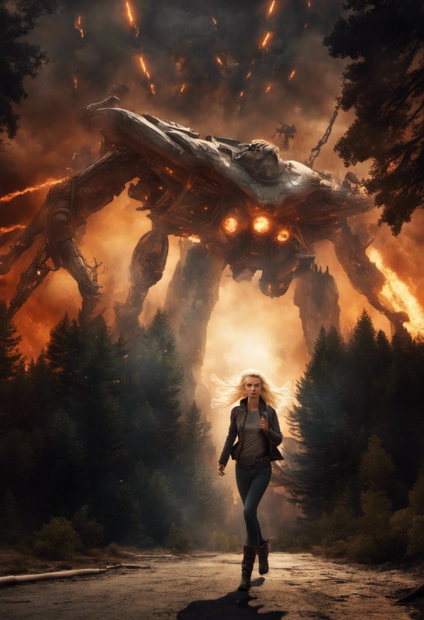 A beautiful Blonde woman time traveler runs from an alien th...