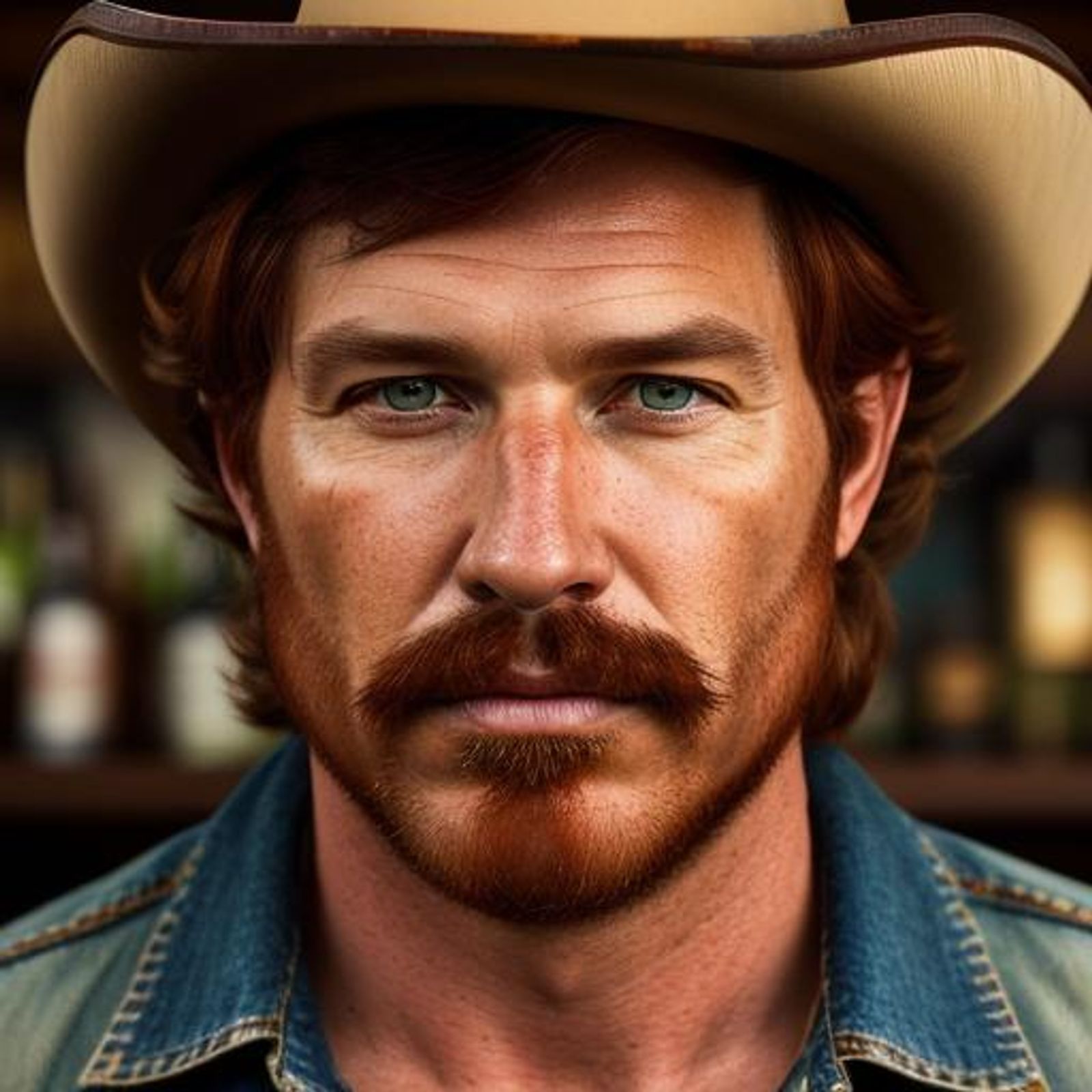 handsome cowboy with brownish red hair and mush stash, with a brown ...