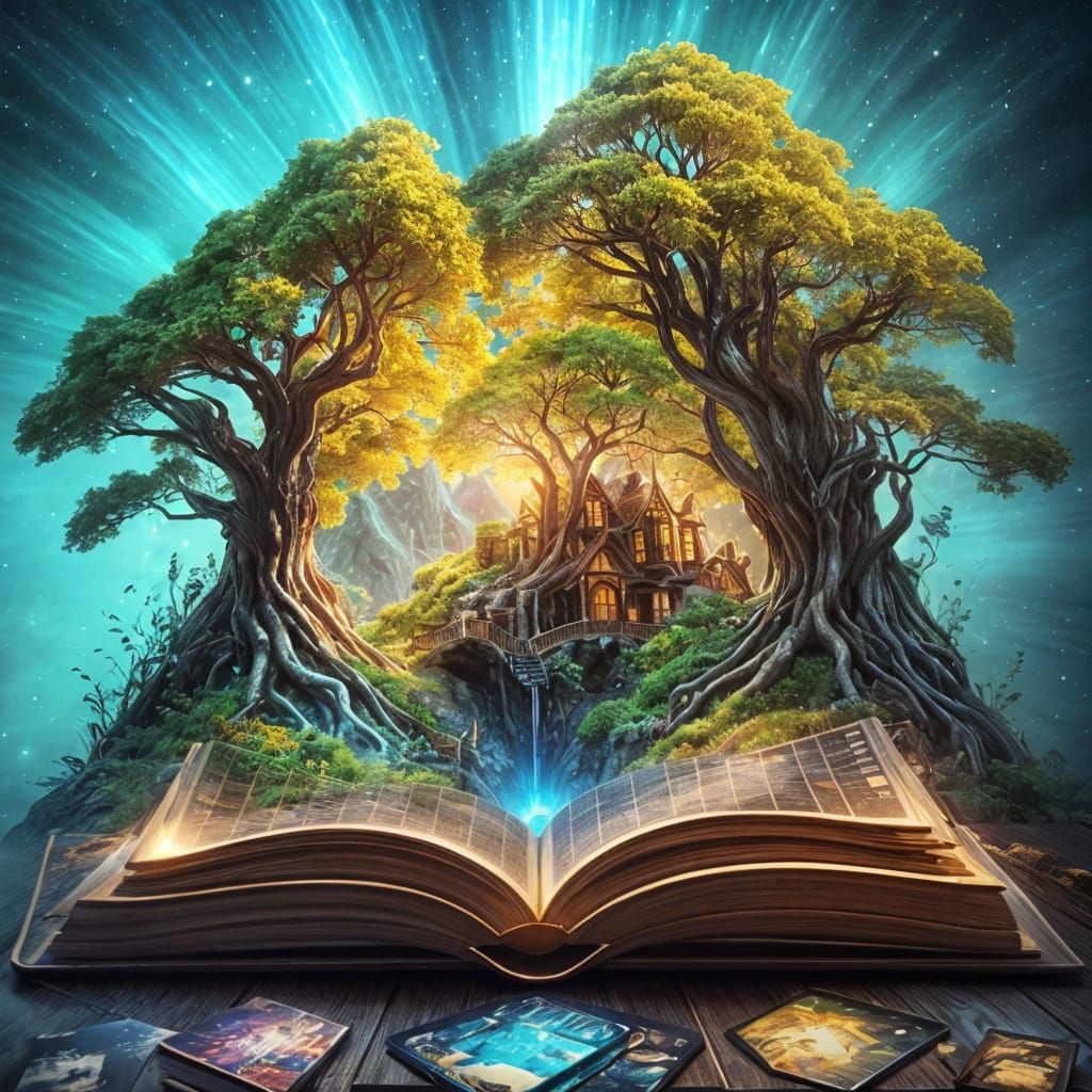 Cozy Tree Nook with Books, Golden Hour Glow