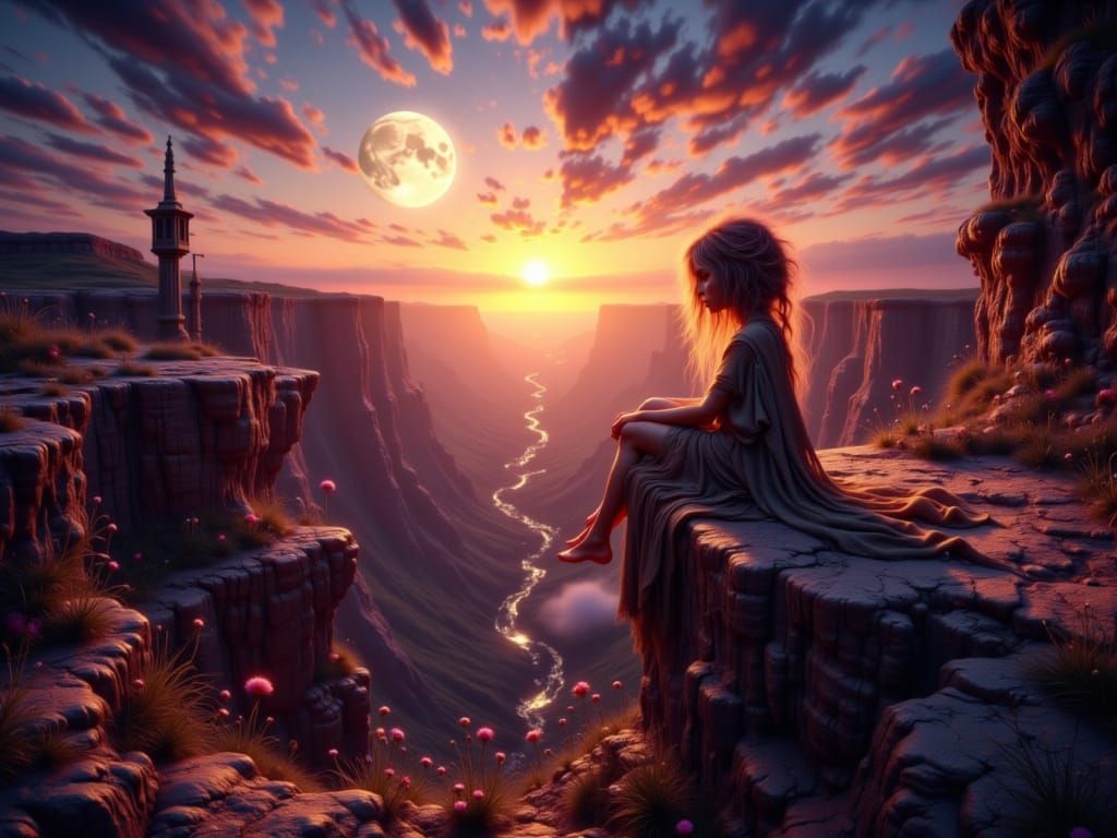 Spiked edges of a canyon rift with a woman looking over the view sunset over a moon <lora:Whimsy Romance:1.0> <lora:Bohemian Whimsy:1.0>