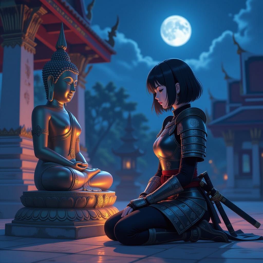 Anime Samurai Woman Kneels Before Buddha in Thai Temple