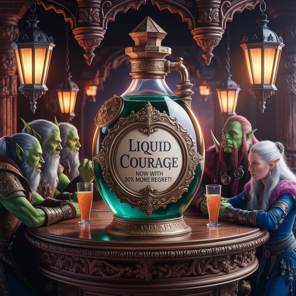Incredibly detailed, elaborate, embellished potion bottle with label "Liquid Courage (Now With 30% More ...  by @Dorian