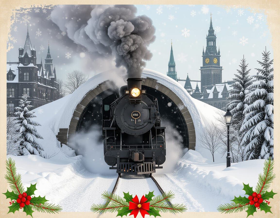 

A realistic antique looking photograph style, featuring a realistic looking antique, black steam locomotive emerging from a snow-covered tunnel