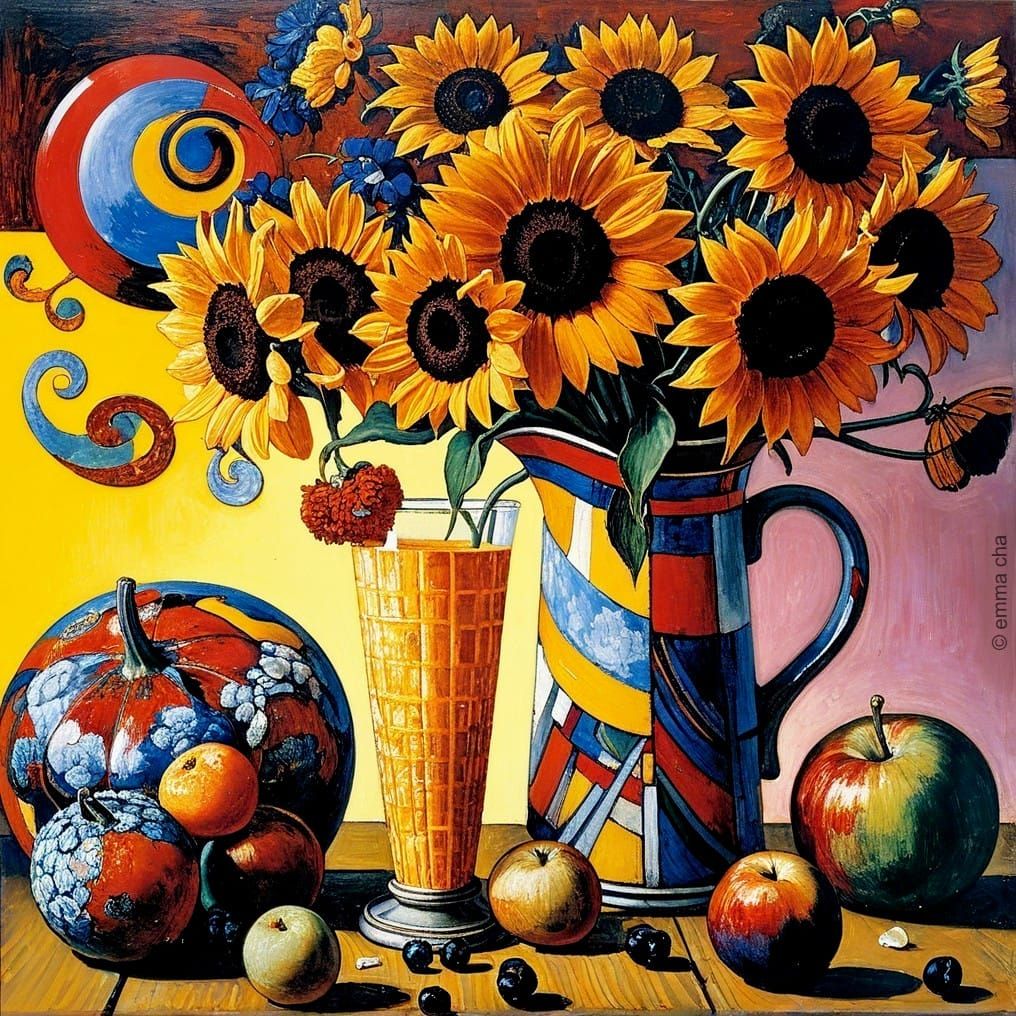 Still Life of a Vibrant Harvest in Geometric Splendor