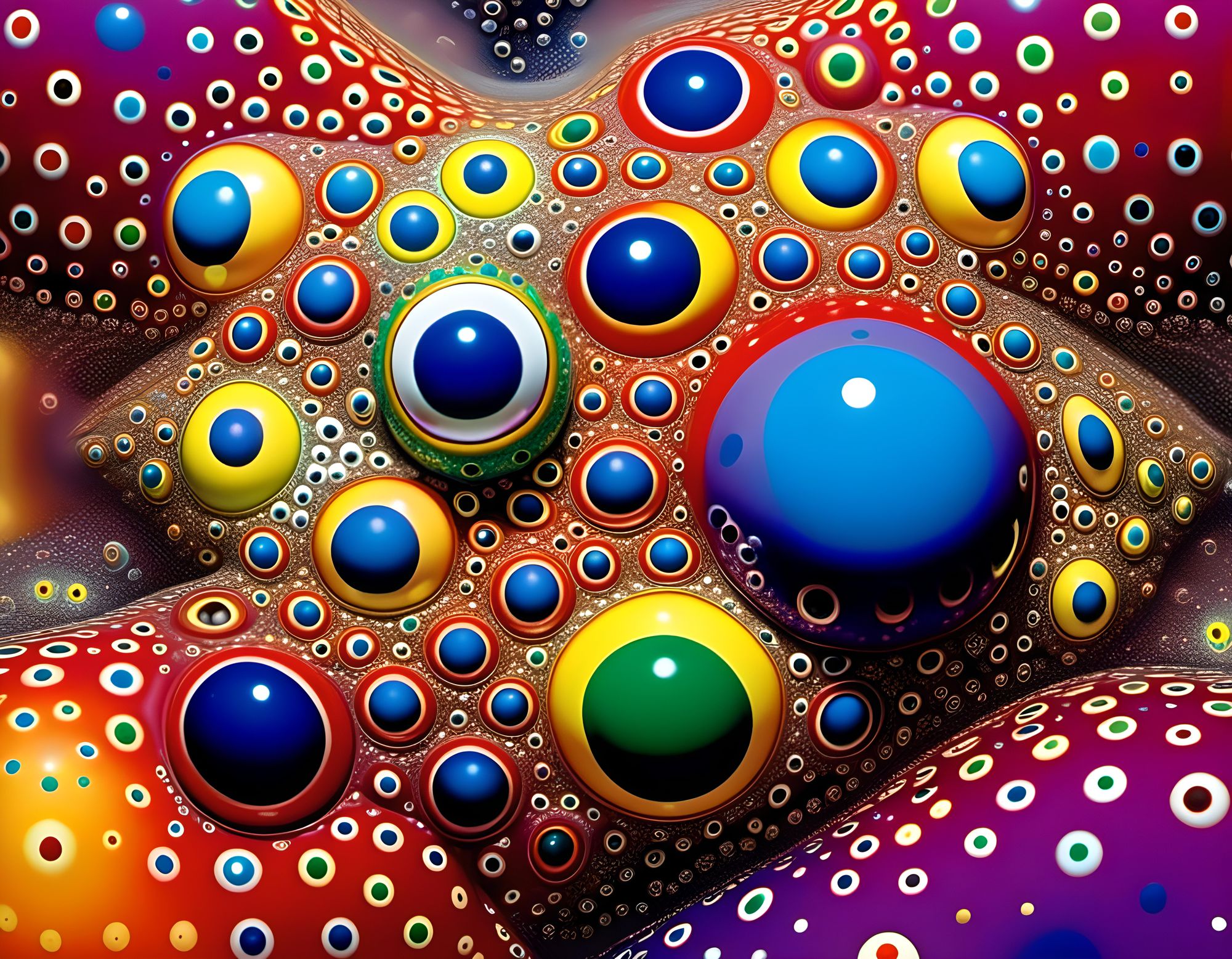 Brilliant Rainbow colored all hues and shades,  Filigreed and fractal faces, Takashi Murakami. Yayoi-Kusama-min as surpassingly beautiful ex...