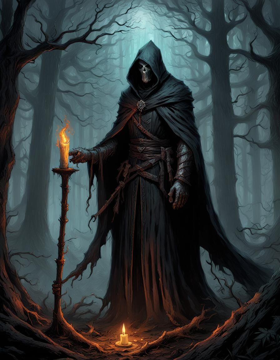 a man standing next to a candle in a forest, concept art, fantasy art ...