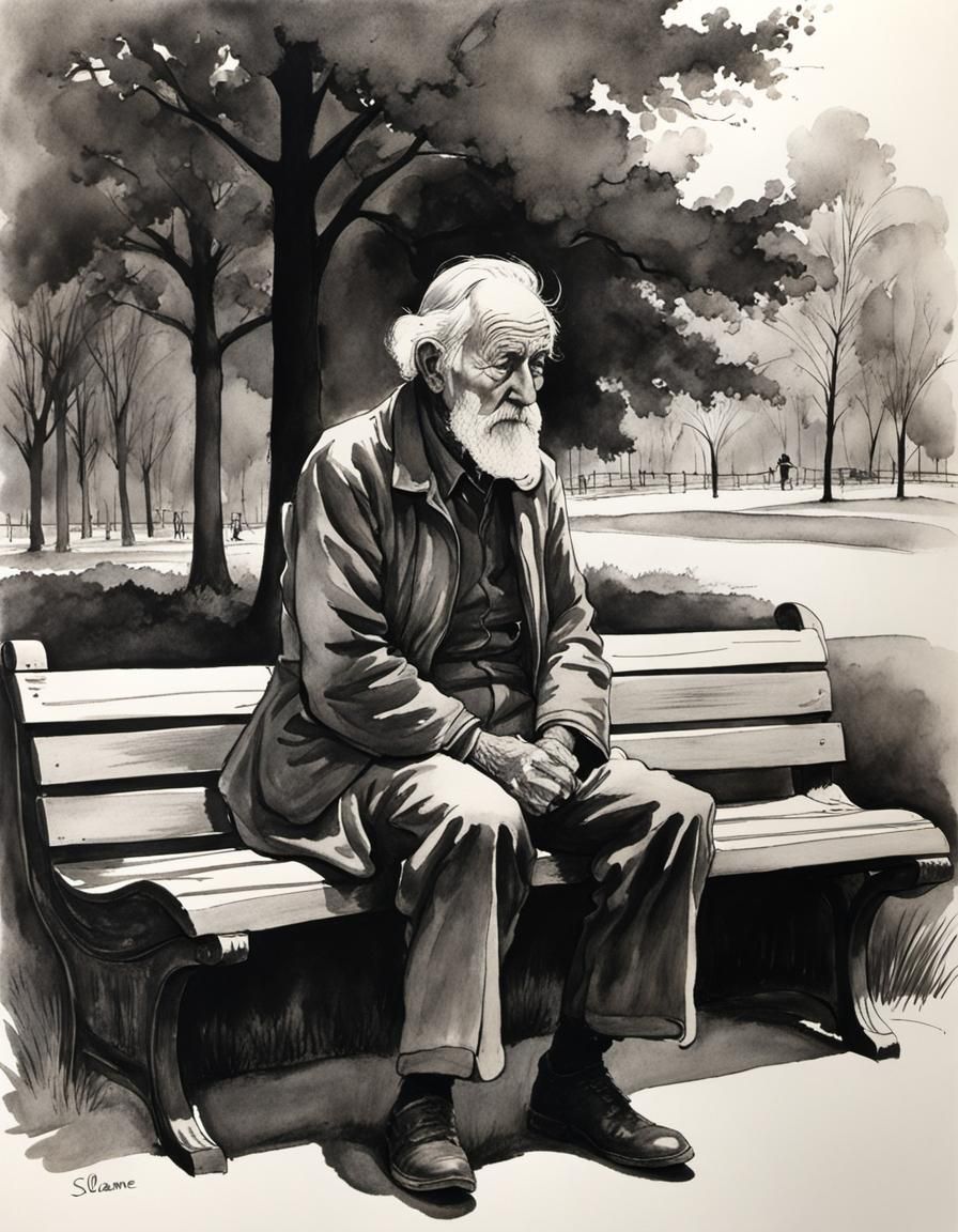 Realism, painting of old man sitting on a city park bench
