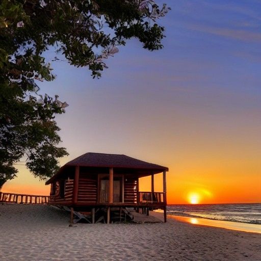 A cabin on the beach underneath a sunset
