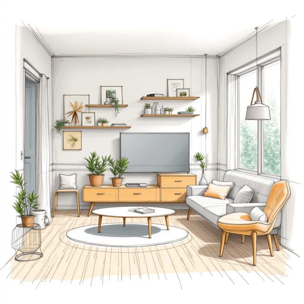 <lora:designsketch:1.0> designsketch scandinavian living room concept, refined black pen linework for wood furniture, open shelves and soft...