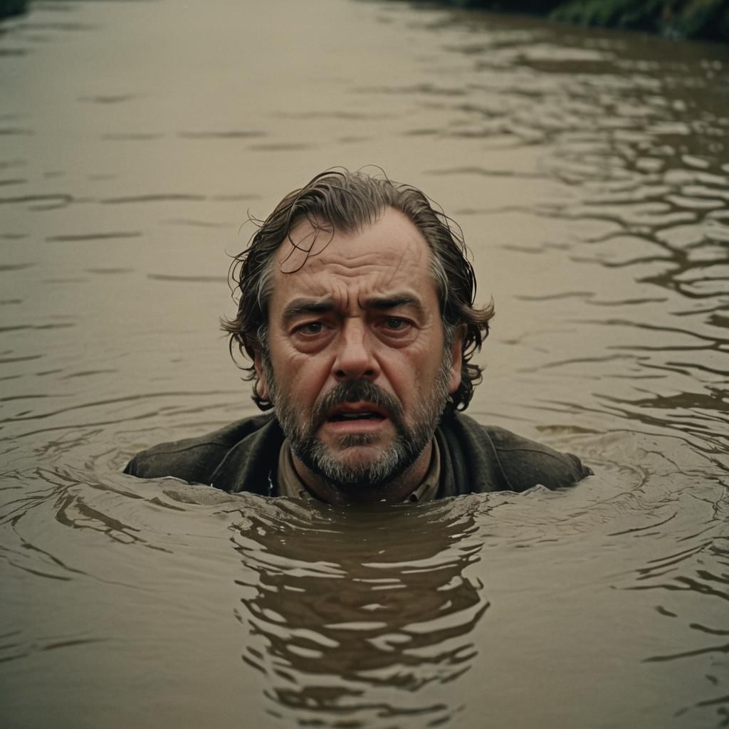 Stone Man Crying in River: Cinematic Film Still