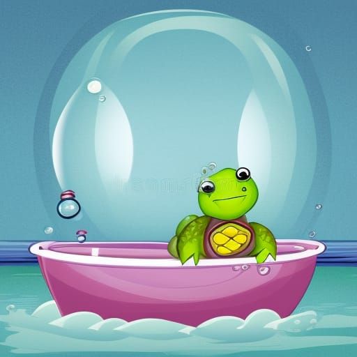 turtle in a sailboat in bathtub with bubble bath storybook illustration