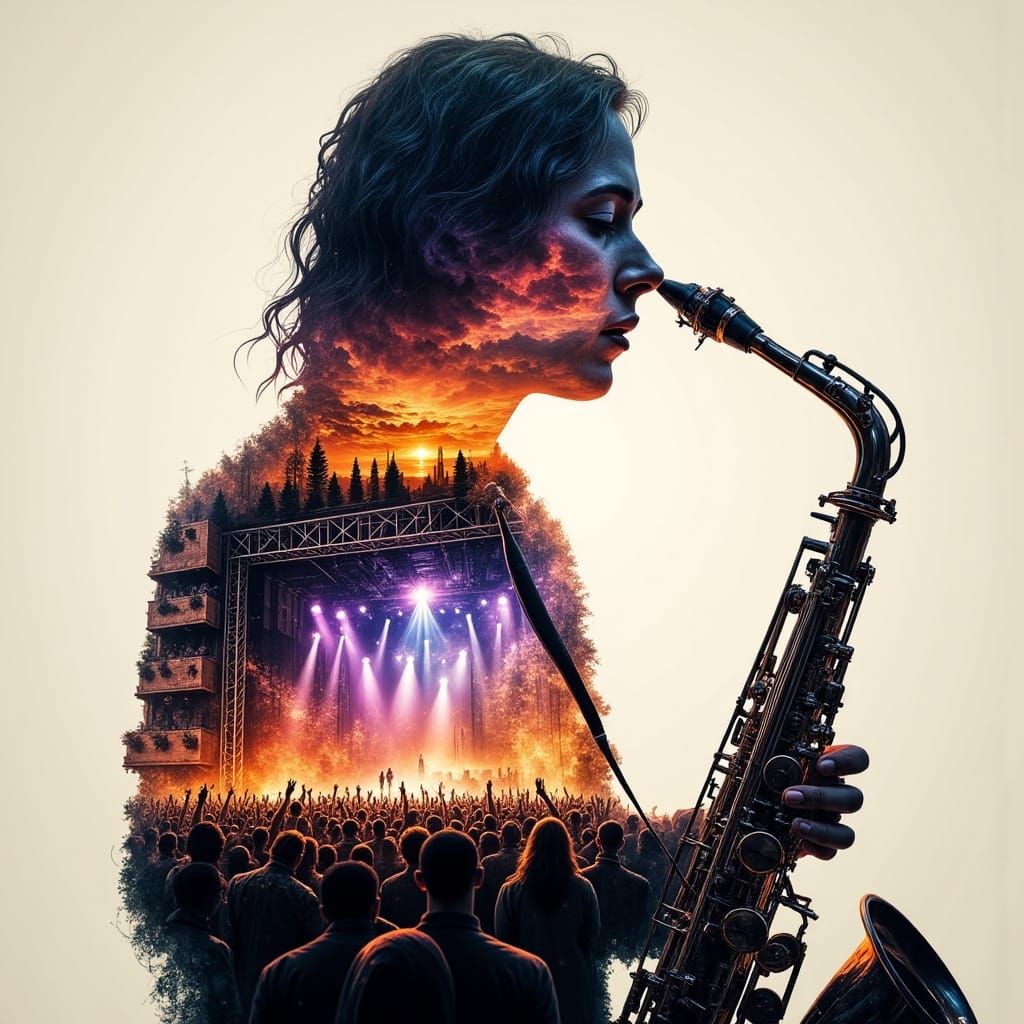 Saxophone Player in Impressionistic Double Exposure Portrait