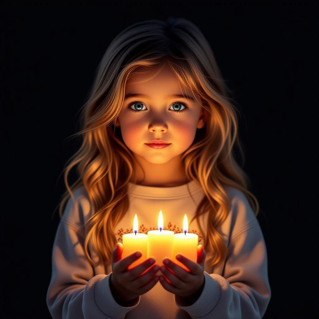 Girl Holding Candles in Darkness with Caravaggio Lighting