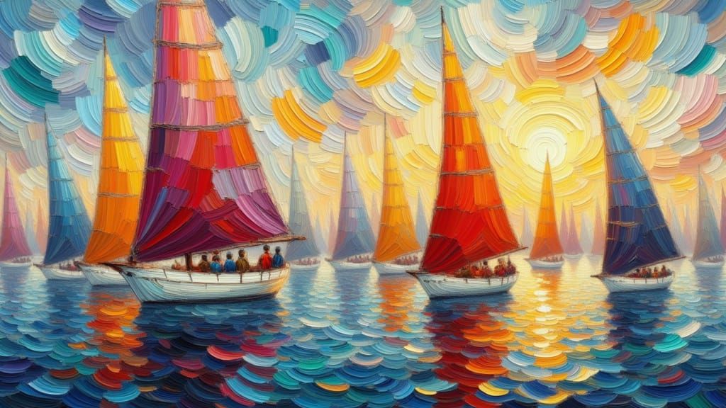 Vibrant Expressionism. Medium shot. A flotilla of modern racing sailboats with colorful spinnakers on a summer day. Wide angle lens. Thick, ...