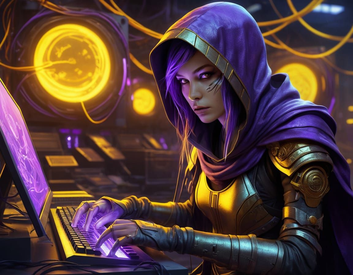 Female Cyberpunk scientist in a futuristic lab. She stares intently at a holographic display, surrounded by bubbling beakers and glowing wires.