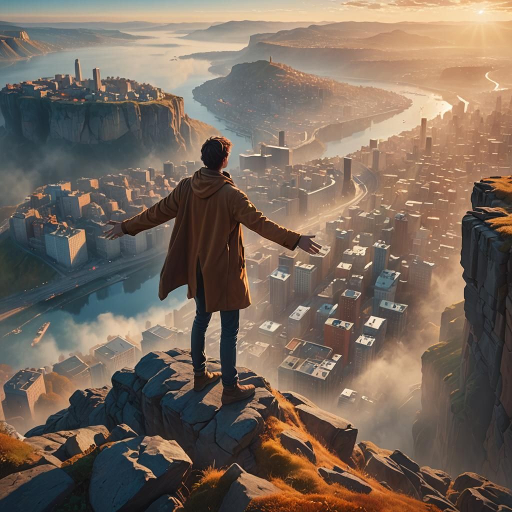 Surreal Cityscape: Photorealistic Dream in Golden Light