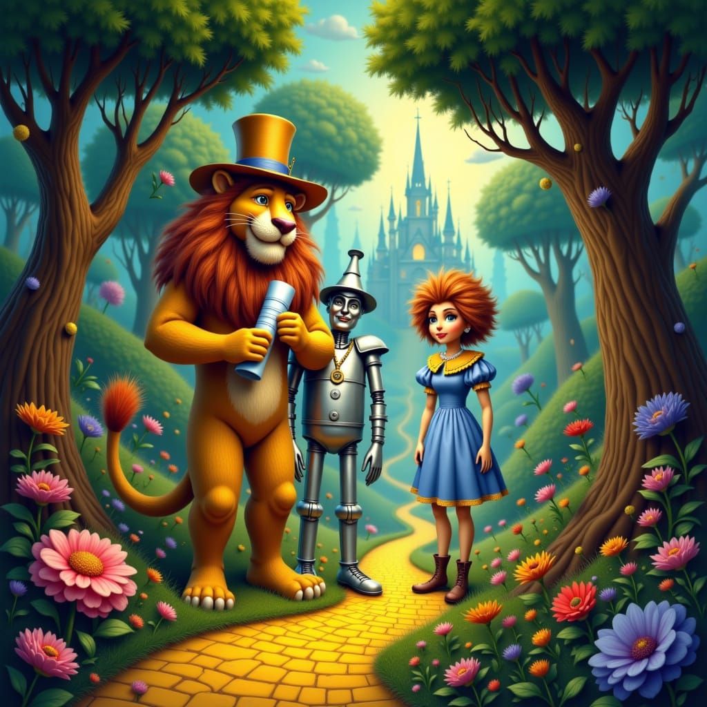 Lion , tinman and scarecrow in the magical <lora:Wonderland:1.0>