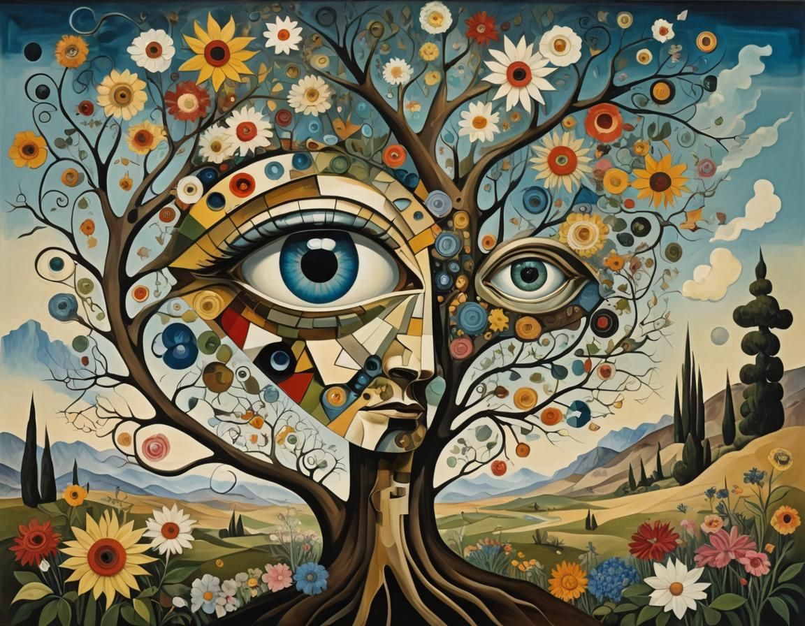 Surreal Cubist Dreamscape, Braque Dalí, tree eye, flowers, deconstructed, subconscious  by @Stare