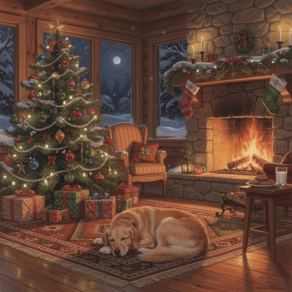 Cozy Christmas Cabin Interior with Fireplace and Tree