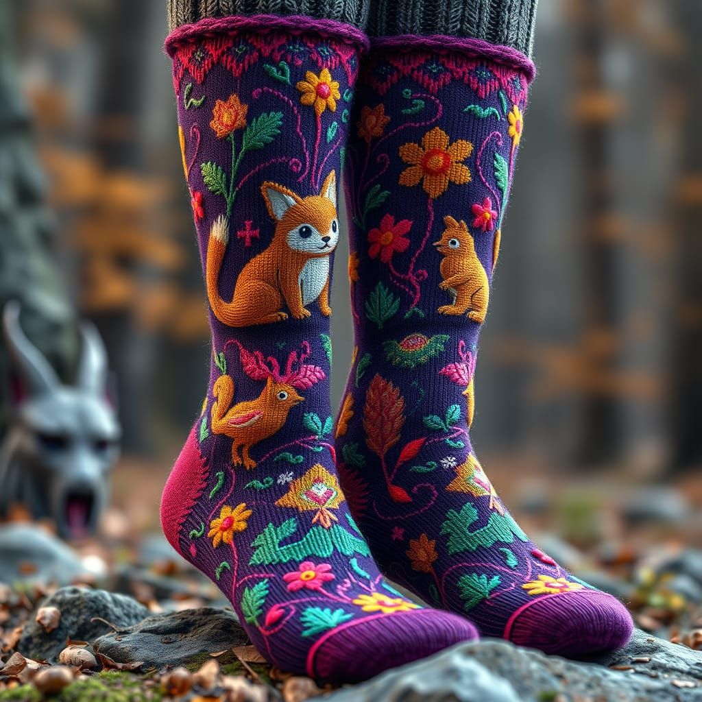 A pair of long knitted socks with cute and cuddly forest creatures on them  by @HermioneSheHulkNinja