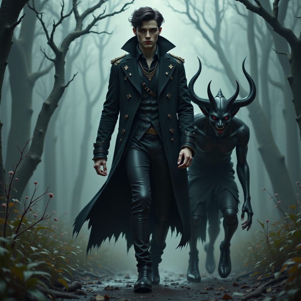 A young man in a long, dark coat with a confident expression, walking towards the viewer with a wicked demon by his side, adorned in intrica...