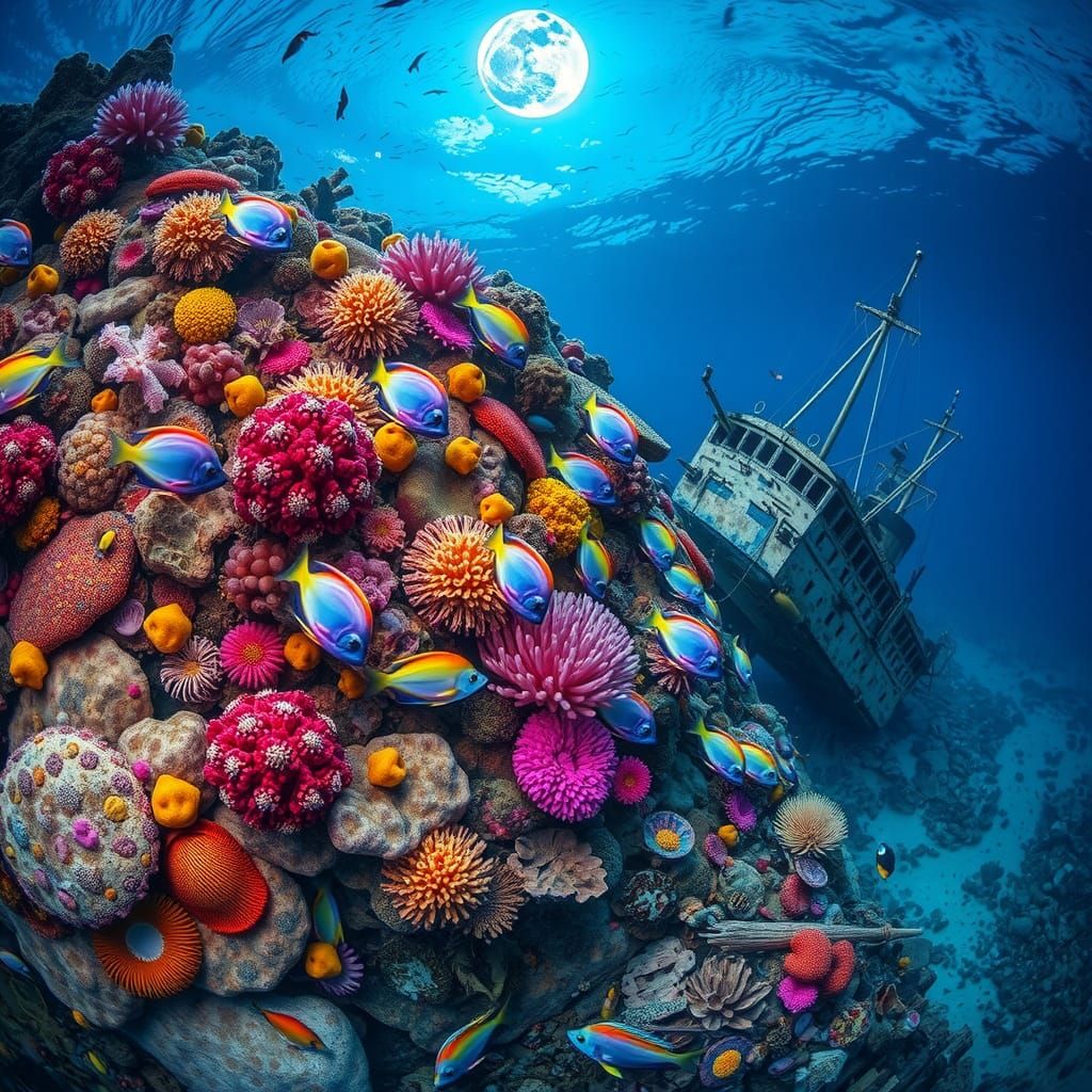 an extensive coral reef in a cemetery of ships, with vivid c...