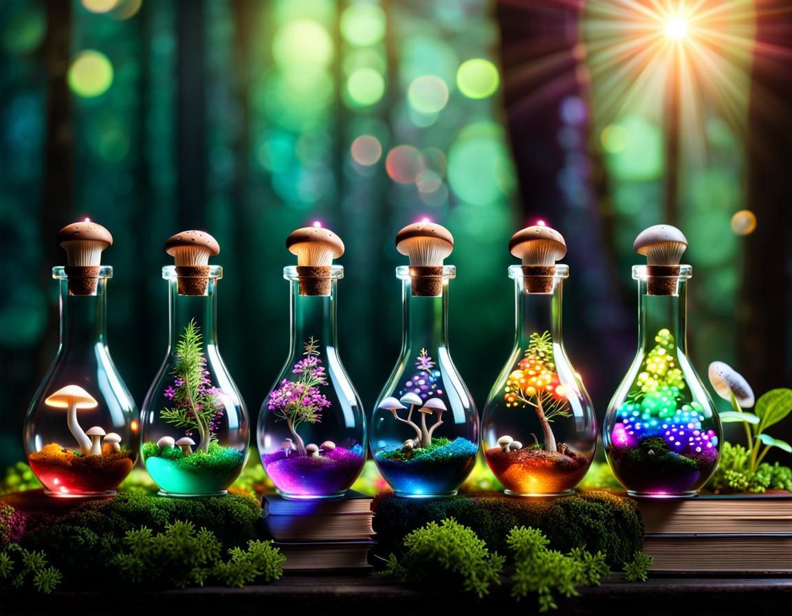 Glass potion bottles with magic glowing tiby rainbow trees inside them, with tiny mushrooms, herbs, magic ...  by @AutumnBear