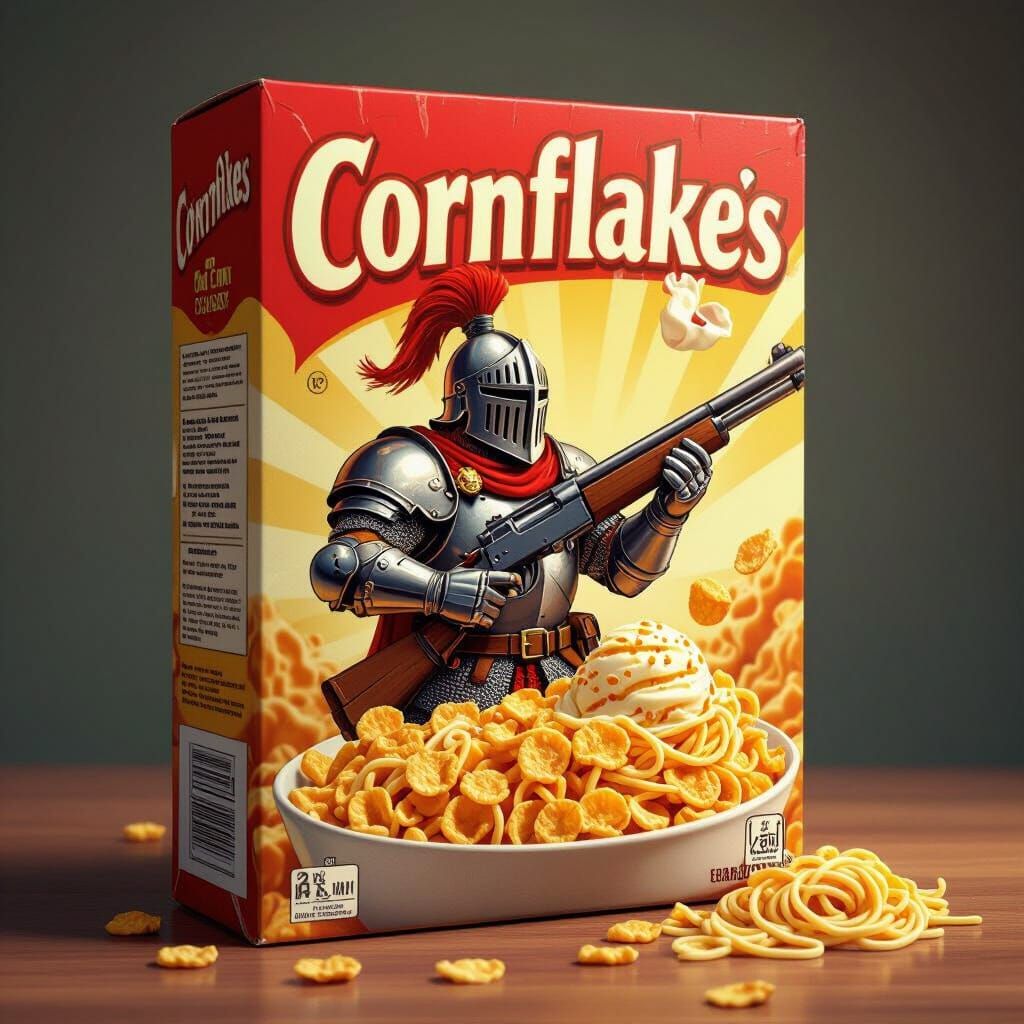  A realistic, large box of cornflakes with spaghetti ice cream flavor. The 16-bit style mascot on the box is a crusader holding a shotgun, n...